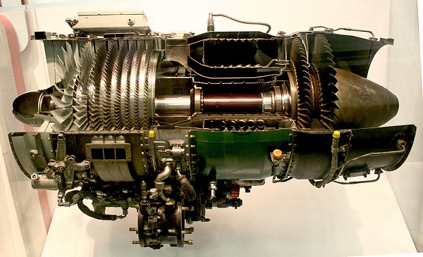  A typical axial-flow gas turbine turbojet, the J85, sectioned for display. Flow is left to right, multistage compressor on left, combustion chambers center, two-stage turbine on right. 